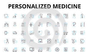 Personalized medicine linear icons set. Genomics, Pharmacogenomics, Biomarkers, Precision, Tailored, DNA, Individualized