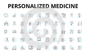 Personalized medicine linear icons set. Genomics, Pharmacogenomics, Biomarkers, Precision, Tailored, DNA, Individualized photo