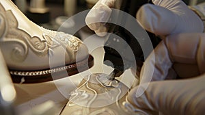 A personalized monogram being carefully added to the heel of a custommade shoe photo