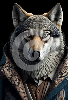 The personification of animal features. A wolf dressed in stylish human clothes. Standing confidently and decisively.