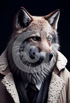 The personification of animal features. A wolf dressed in stylish human clothes. Standing confidently and decisively.