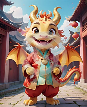 A personified little dragon, wearing a smile, looking at you.