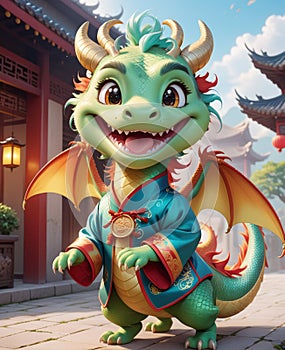 A personified little dragon, wearing a smile, looking at you.