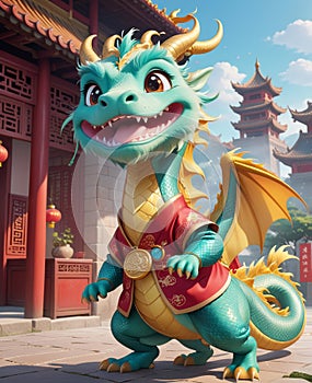 A personified little dragon, wearing a smile, looking at you.