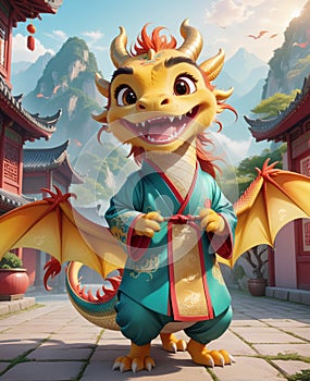 A personified little dragon, wearing a smile, looking at you.