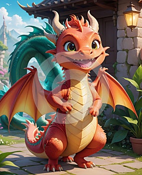 A personified little dragon, wearing a smile, looking at you.