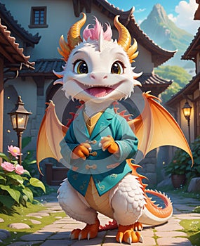 A personified little dragon, wearing a smile, looking at you.