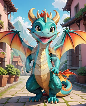 A personified little dragon, wearing a smile, looking at you.