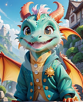 A personified little dragon, wearing a smile, looking at you.