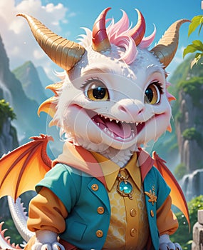 A personified little dragon, wearing a smile, looking at you.