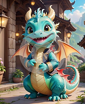 A personified little dragon, wearing a smile, looking at you.