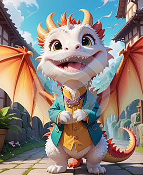 A personified little dragon, wearing a smile, looking at you.