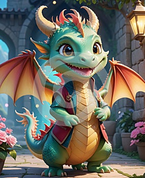 A personified little dragon, wearing a smile, looking at you.