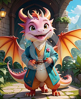 A personified little dragon, wearing a smile, looking at you.