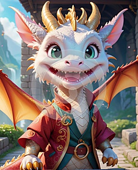 A personified little dragon, wearing a smile, looking at you.