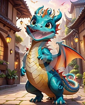 A personified little dragon, wearing a smile, looking at you.