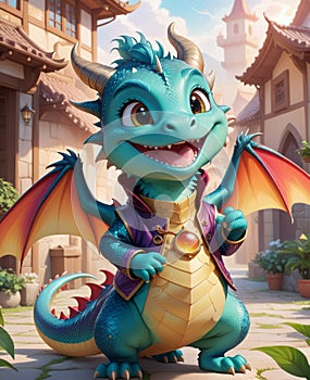 A personified little dragon, wearing a smile, looking at you.