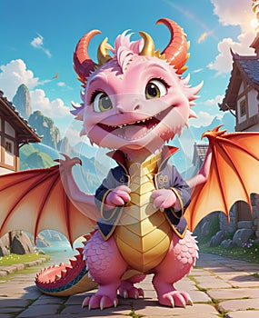 A personified little dragon, wearing a smile, looking at you.