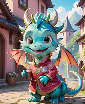 A personified little dragon, wearing a smile, looking at you.