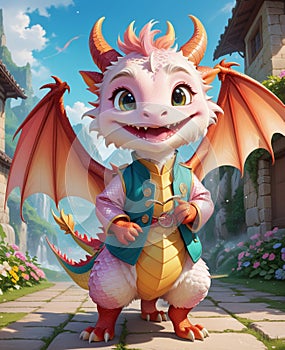 A personified little dragon, wearing a smile, looking at you.