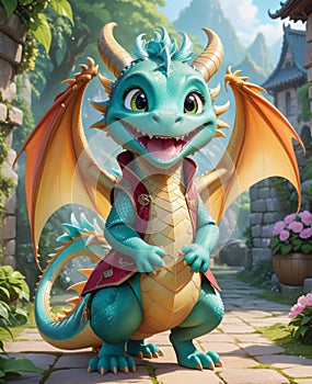 A personified little dragon, wearing a smile, looking at you.