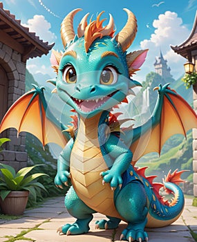 A personified little dragon, wearing a smile, looking at you.