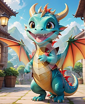 A personified little dragon, wearing a smile, looking at you.