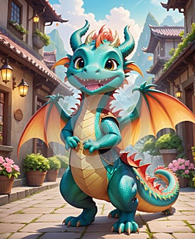 A personified little dragon, wearing a smile, looking at you.