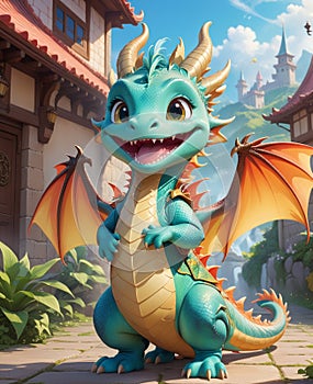 A personified little dragon, wearing a smile, looking at you.