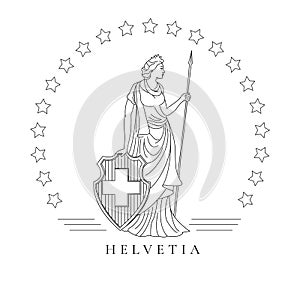 Personified symbol of Switzerland called Helvetia, graphic illustration in line tehnique