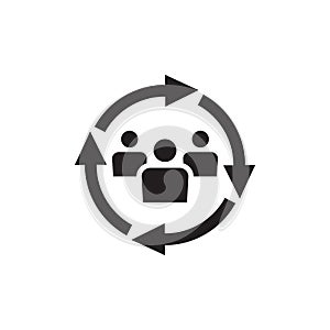 Personnel change concept black icon design. People staff and arrows cycle sign. Teamwork symbol. Social network insignia.