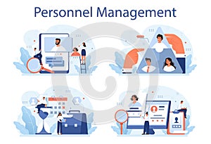 Personnel management concept set. Business recruitment and empolyee adaptation