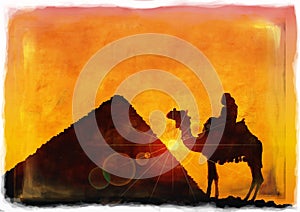 Persons on camel beside pyramids
