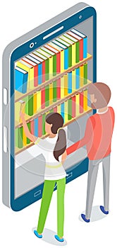 Persons choose books in online library or bookstore, stand near stack of large multi-colored books