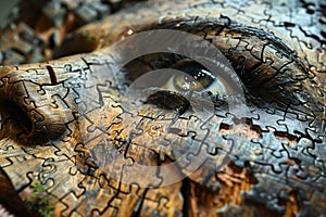 A persons face intricately constructed out of puzzle pieces, showcasing detailed features and expressions