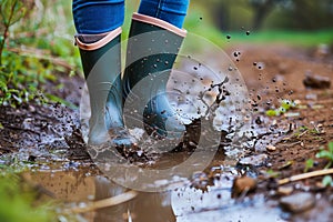 persons feet in rubber boots splashing in a muddy puddle