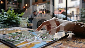 A persons finger tapping on a specific location on an AR map highlighting the nearest wheelchairfriendly coffee shops photo