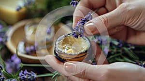 A persons fingers carefully apply a lavenderscented balm to their temples showcasing the practical application of photo