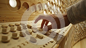 A persons fingers are seen delicately pressing down on a row of buttons on a wooden panel. Each button triggers a