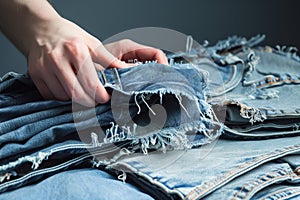 persons hand adjusting a frayed hem on folded jeans in a pile
