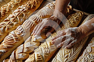 A persons hand delicately reaching towards a freshly baked loaf of bread, showcasing a moment of anticipation and hunger