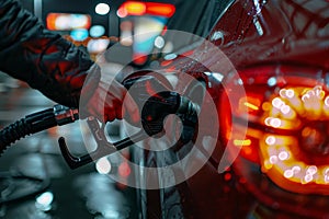 Persons hand filling up car with gas at oil station on a dimly lit street at night