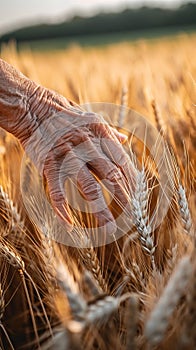 A Persons Hand Grasping Wheat Stalks in a Vibrant Field photo