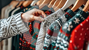 A persons hand reaching for and selecting trendy Christmas sweaters from a rack in a store