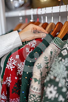 A persons hand selecting fashionable Christmas sweaters from a clothing rack in a store