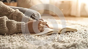 A persons hand writing in a journal highlighting the importance of selfreflection and mindfulness in achieving balance photo