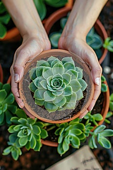 A persons hands carefully holding a small potted plant, showing care and nurturing