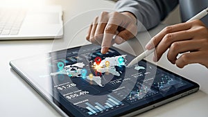 Person using a digital tablet with a global business map and data analytics