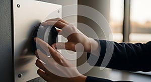 Close up of hands turning a dial on a control panel