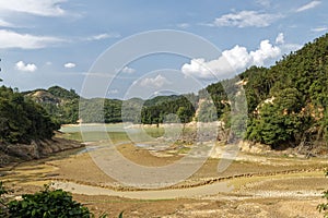 Launching a small boat in a reservoir in china with tricycle